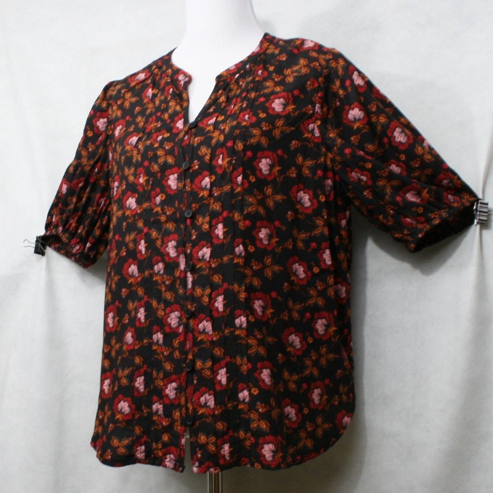 beachlunchlounge Black w/ Multi Floral Viscose Blouse Front Button SZ SP EUC